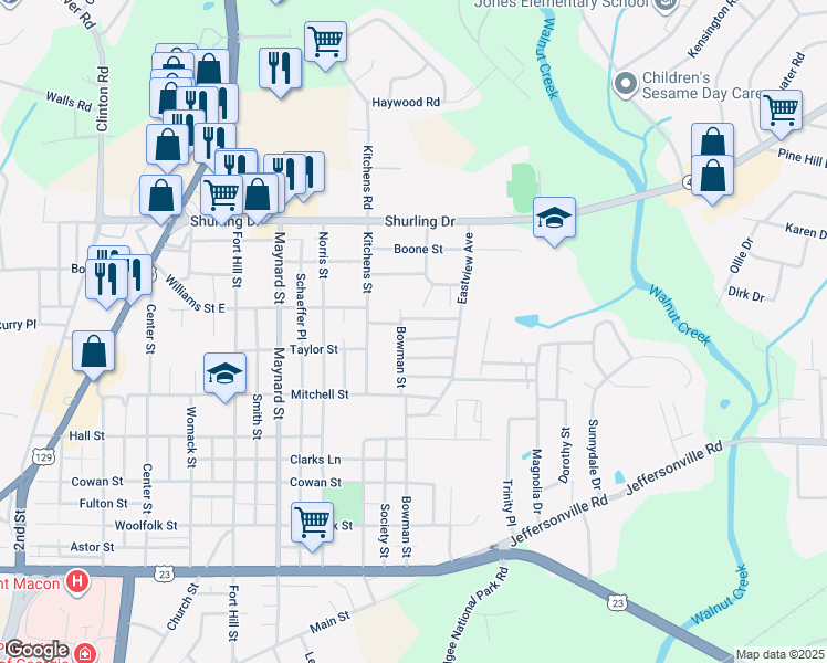 map of restaurants, bars, coffee shops, grocery stores, and more near 1110 Dublin Ave in Macon