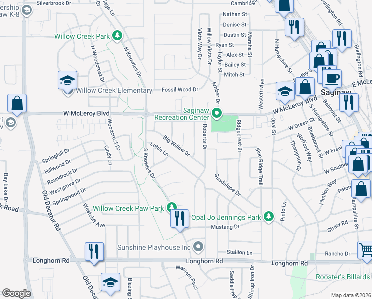 map of restaurants, bars, coffee shops, grocery stores, and more near 145 Big Willow Court in Saginaw
