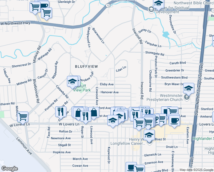 map of restaurants, bars, coffee shops, grocery stores, and more near 4906 Elsby Avenue in Dallas