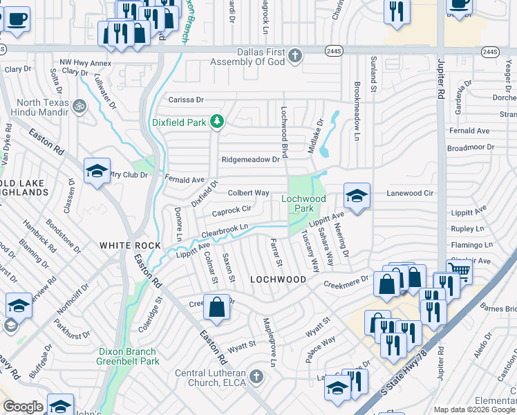 map of restaurants, bars, coffee shops, grocery stores, and more near 10882 Caprock Circle in Dallas
