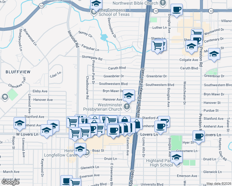 map of restaurants, bars, coffee shops, grocery stores, and more near 5640 Bryn Mawr Drive in Dallas