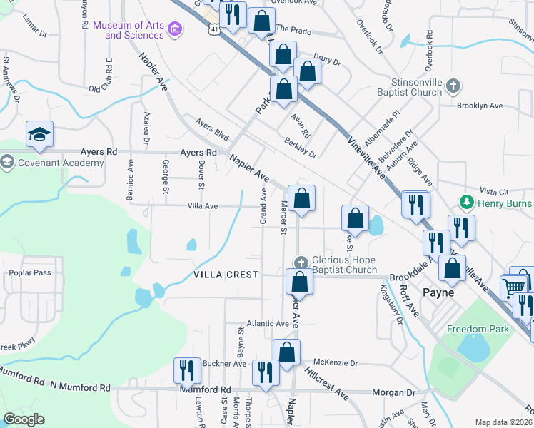 map of restaurants, bars, coffee shops, grocery stores, and more near 3931 Grand Avenue in Macon