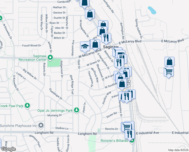 map of restaurants, bars, coffee shops, grocery stores, and more near 308 Wofford Way in Saginaw