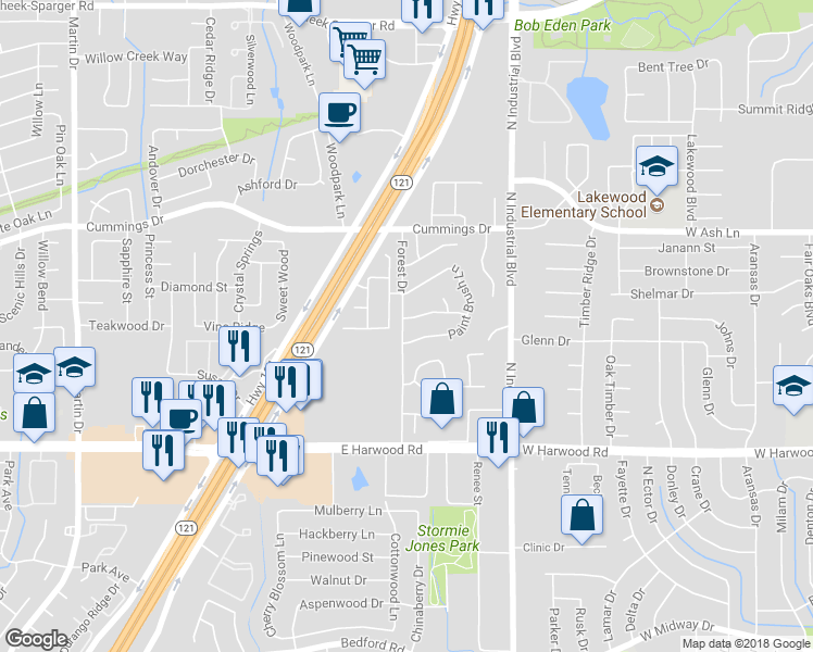 map of restaurants, bars, coffee shops, grocery stores, and more near 3800 Periwinkle Street in Bedford