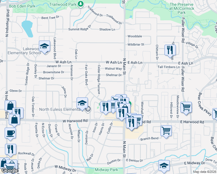 map of restaurants, bars, coffee shops, grocery stores, and more near 1314 Roundtree Drive in Euless