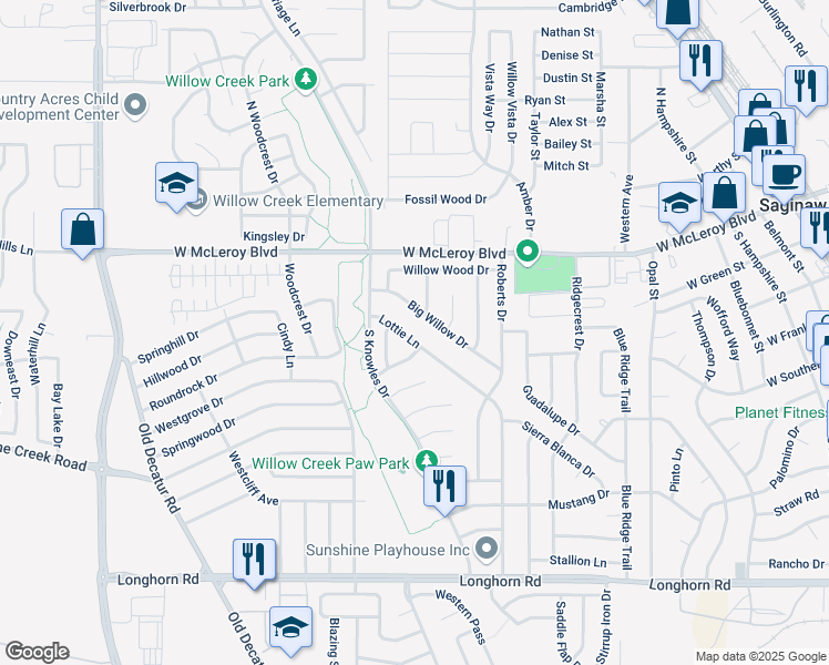 map of restaurants, bars, coffee shops, grocery stores, and more near 233 Lottie Ln in Saginaw