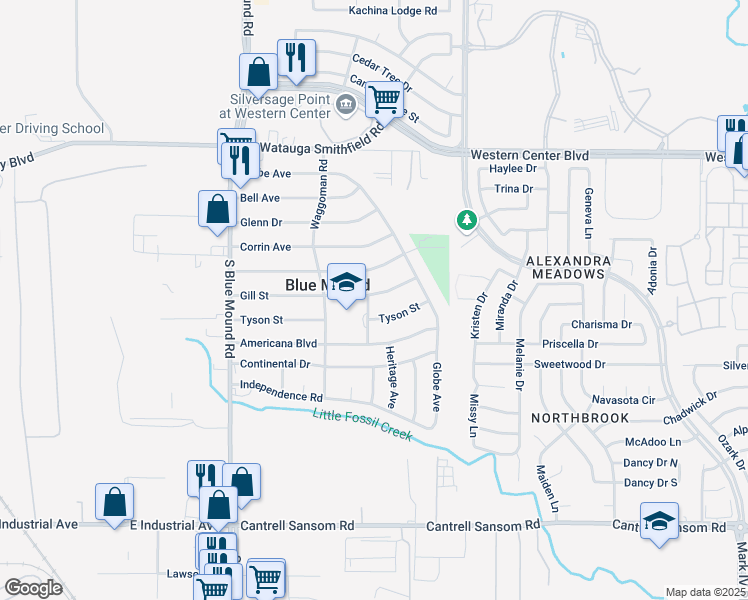 map of restaurants, bars, coffee shops, grocery stores, and more near 1748 Gill Street in Blue Mound