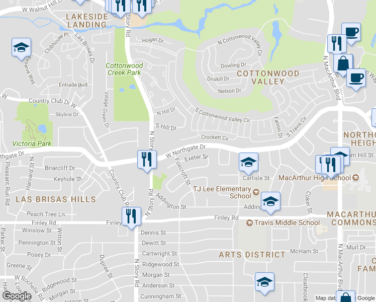 map of restaurants, bars, coffee shops, grocery stores, and more near 2002 West Northgate Drive in Irving