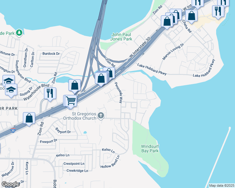 map of restaurants, bars, coffee shops, grocery stores, and more near 5001 Peninsula Way in Garland