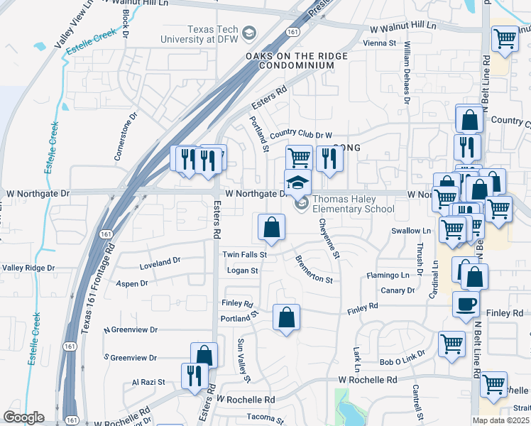 map of restaurants, bars, coffee shops, grocery stores, and more near 3529 Portland Street in Irving