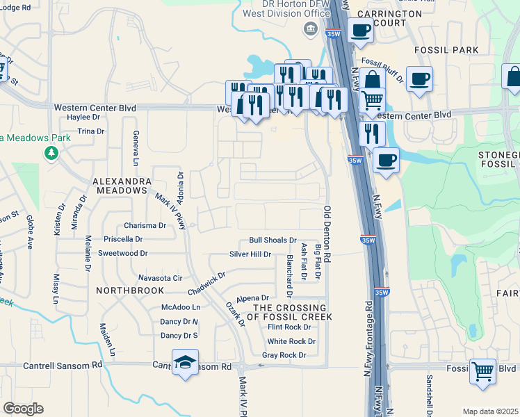 map of restaurants, bars, coffee shops, grocery stores, and more near 2800 Sedona Ranch Drive in Fort Worth