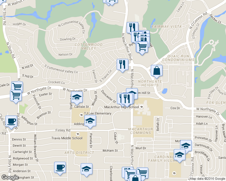 map of restaurants, bars, coffee shops, grocery stores, and more near 1210 West Farnham Court in Irving