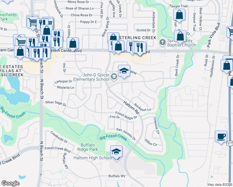 map of restaurants, bars, coffee shops, grocery stores, and more near 5913 Lakeview Court in Haltom City