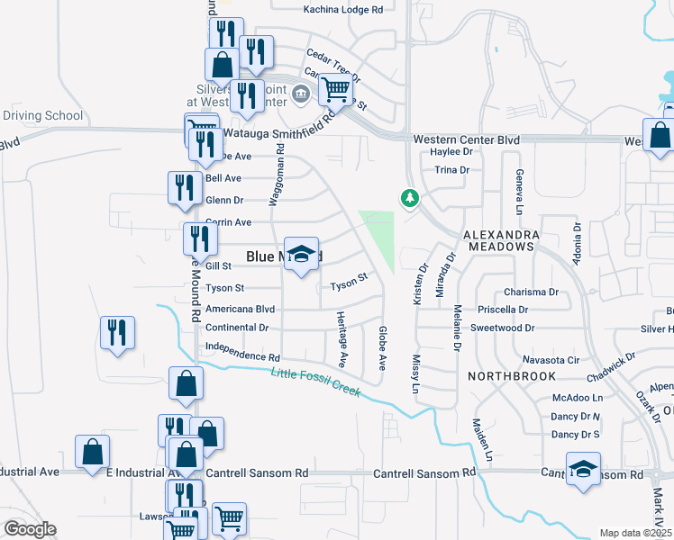 map of restaurants, bars, coffee shops, grocery stores, and more near 1748 Gill St in Blue Mound