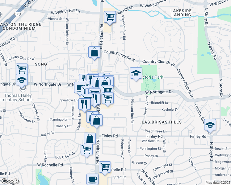 map of restaurants, bars, coffee shops, grocery stores, and more near 3164 West Northgate Drive in Irving