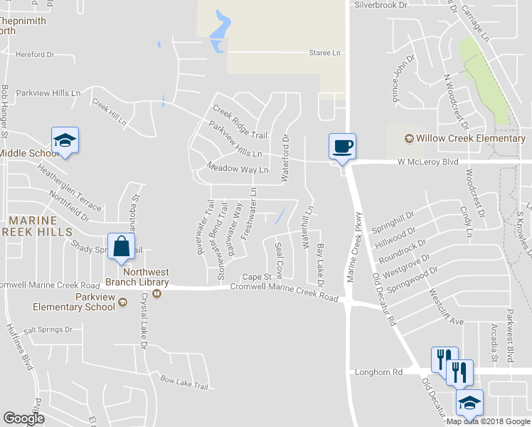 map of restaurants, bars, coffee shops, grocery stores, and more near 4825 Fishhook Court in Fort Worth