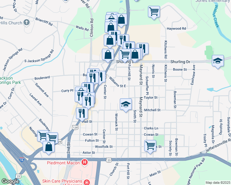 map of restaurants, bars, coffee shops, grocery stores, and more near 1131 Turner Way in Macon