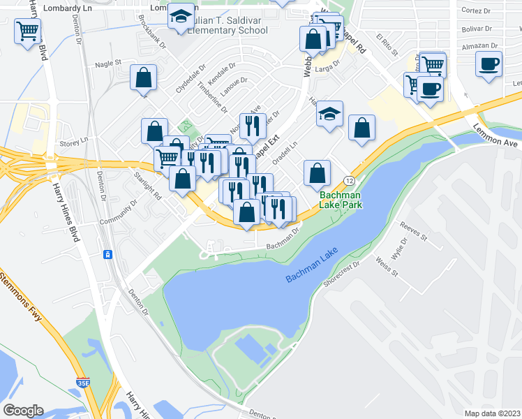map of restaurants, bars, coffee shops, grocery stores, and more near 9404 Ovella Avenue in Dallas