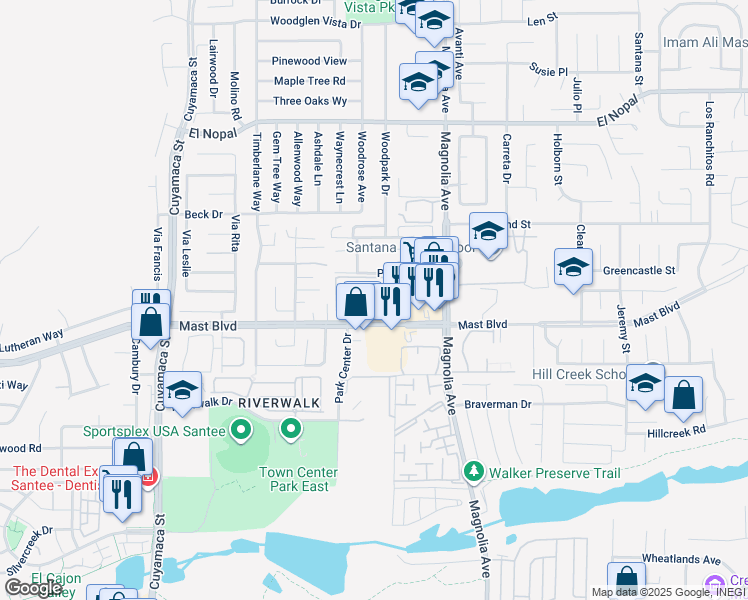 map of restaurants, bars, coffee shops, grocery stores, and more near 10277 Caspi Gardens Drive in Santee