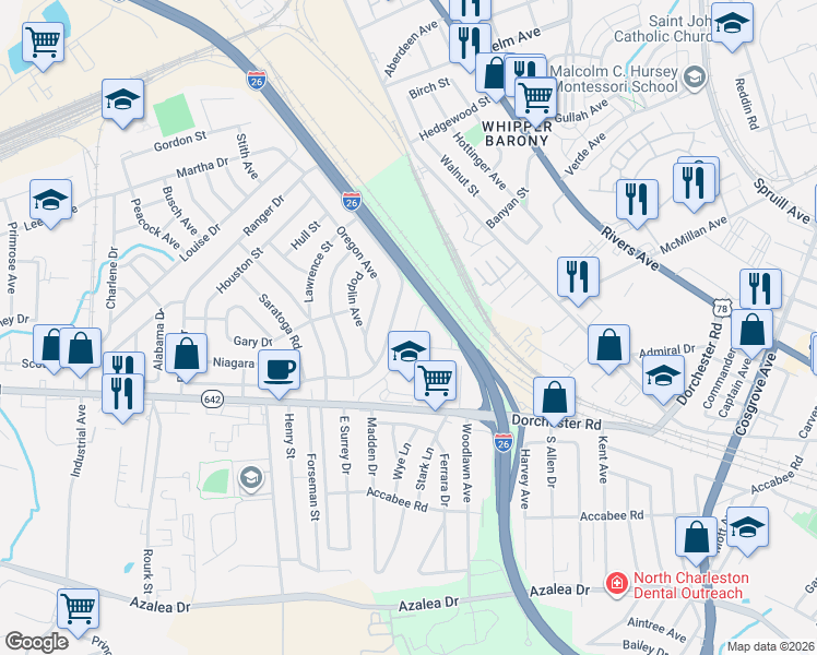 map of restaurants, bars, coffee shops, grocery stores, and more near 2615 Ranger Drive in North Charleston