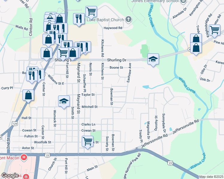 map of restaurants, bars, coffee shops, grocery stores, and more near 1110 Dublin Avenue in Macon