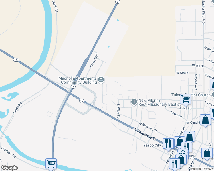 map of restaurants, bars, coffee shops, grocery stores, and more near Magnolia Drive in Yazoo City