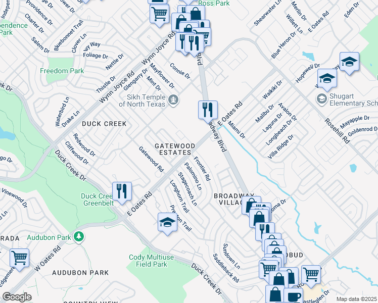 map of restaurants, bars, coffee shops, grocery stores, and more near 338 Old Pecan Way in Garland