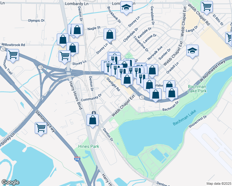 map of restaurants, bars, coffee shops, grocery stores, and more near 9709 Starlight Road in Dallas
