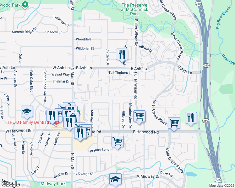 map of restaurants, bars, coffee shops, grocery stores, and more near 416 Sycamore Lane in Euless