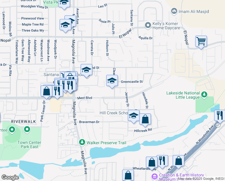 map of restaurants, bars, coffee shops, grocery stores, and more near 9832 Bend Street in Santee