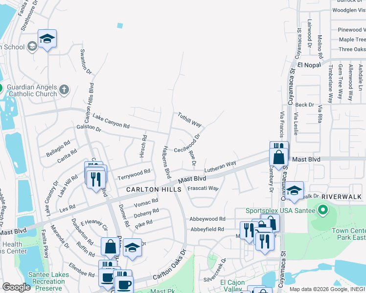 map of restaurants, bars, coffee shops, grocery stores, and more near 9544 Cecilwood Drive in Santee