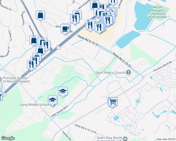 map of restaurants, bars, coffee shops, grocery stores, and more near 1202 Crystal Road in Mount Pleasant