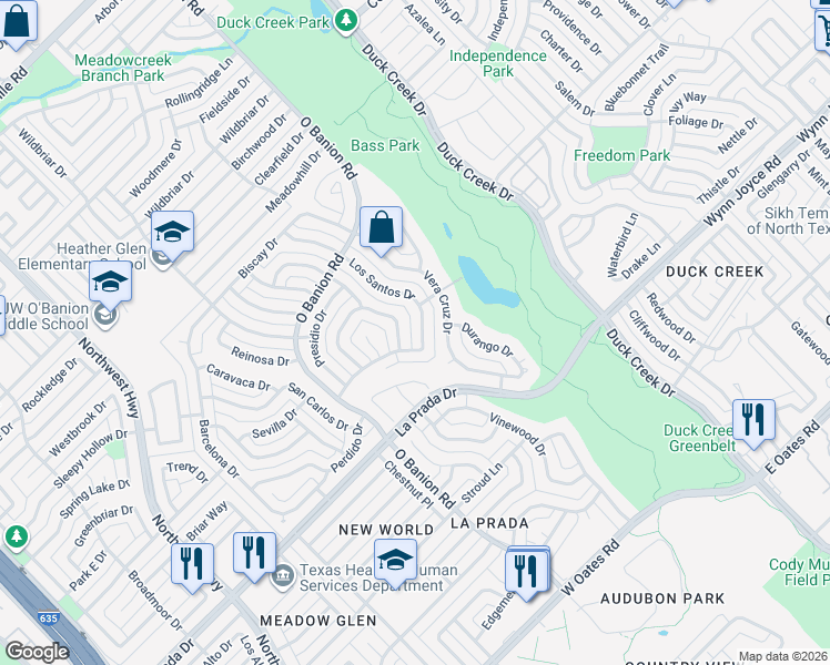 map of restaurants, bars, coffee shops, grocery stores, and more near 4910 Willowhaven Circle in Garland