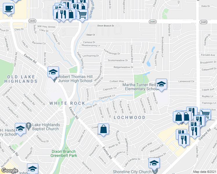 map of restaurants, bars, coffee shops, grocery stores, and more near 10841 Caprock Circle in Dallas
