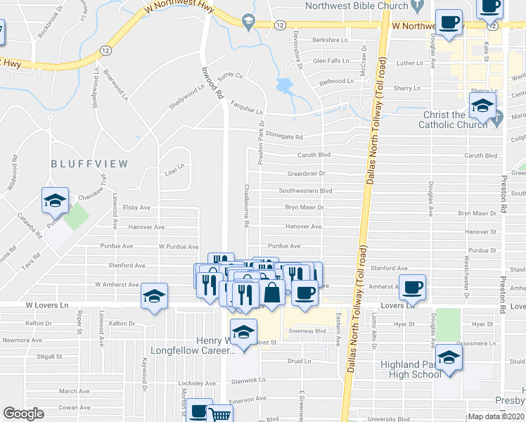 map of restaurants, bars, coffee shops, grocery stores, and more near 5504 Bryn Mawr Drive in Dallas