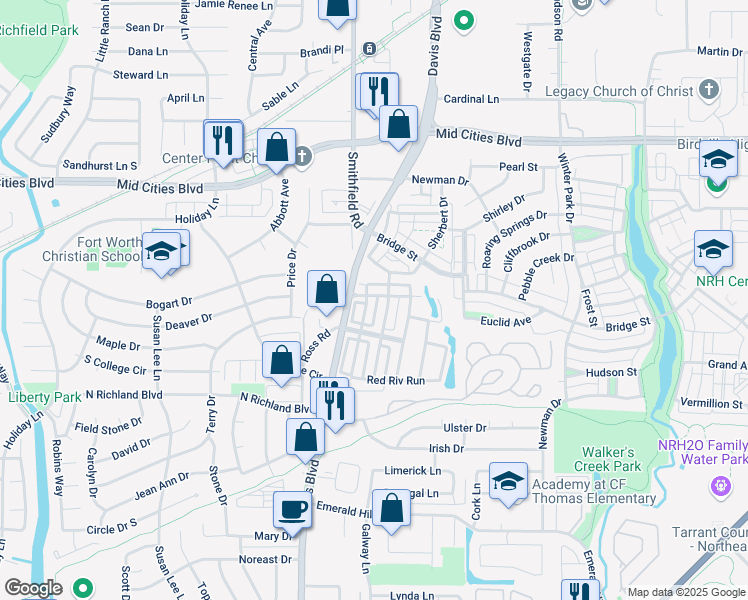 map of restaurants, bars, coffee shops, grocery stores, and more near 6032 Pedernales Ridge in North Richland Hills