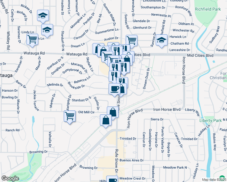 map of restaurants, bars, coffee shops, grocery stores, and more near 6001 Rufe Snow Drive in Watauga