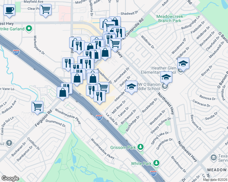 map of restaurants, bars, coffee shops, grocery stores, and more near 5402 Marketplace Drive in Garland