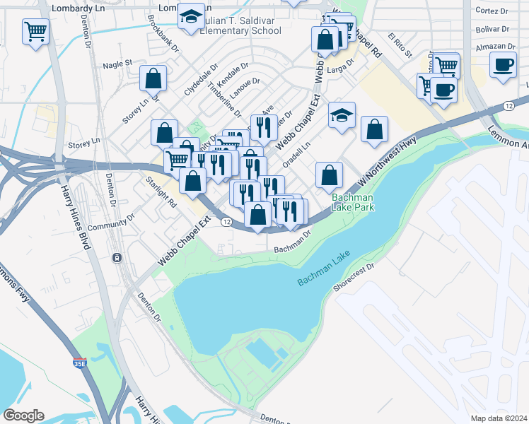map of restaurants, bars, coffee shops, grocery stores, and more near 9400 Ovella Avenue in Dallas