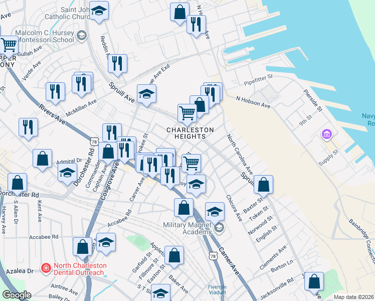 map of restaurants, bars, coffee shops, grocery stores, and more near 1914 Grayson Street in North Charleston