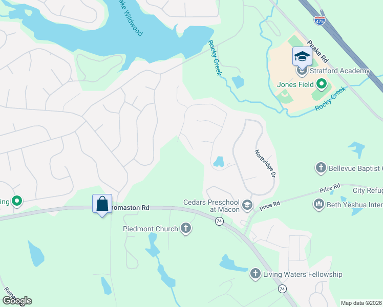 map of restaurants, bars, coffee shops, grocery stores, and more near 211 Baylor Court in Macon