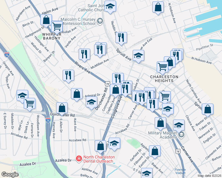 map of restaurants, bars, coffee shops, grocery stores, and more near 3435 Rivers Avenue in North Charleston