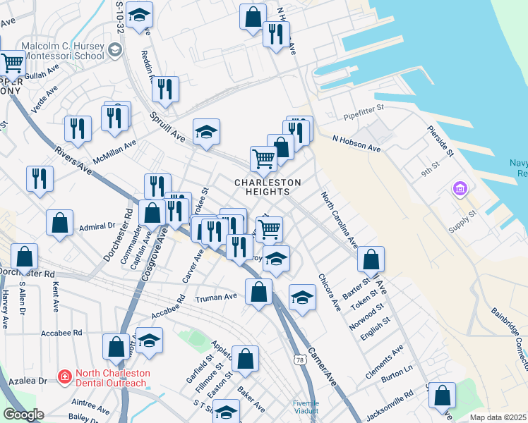 map of restaurants, bars, coffee shops, grocery stores, and more near 1914 Grayson Street in North Charleston