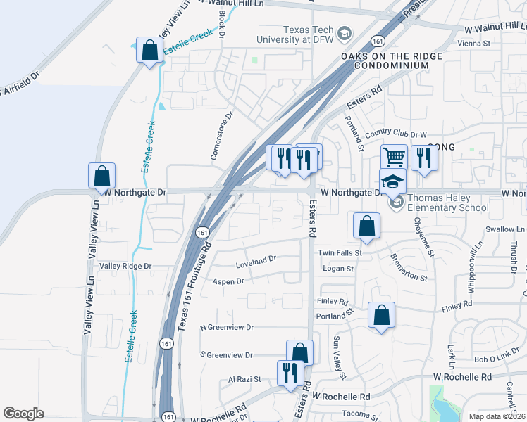 map of restaurants, bars, coffee shops, grocery stores, and more near 4312 West Northgate Drive in Irving