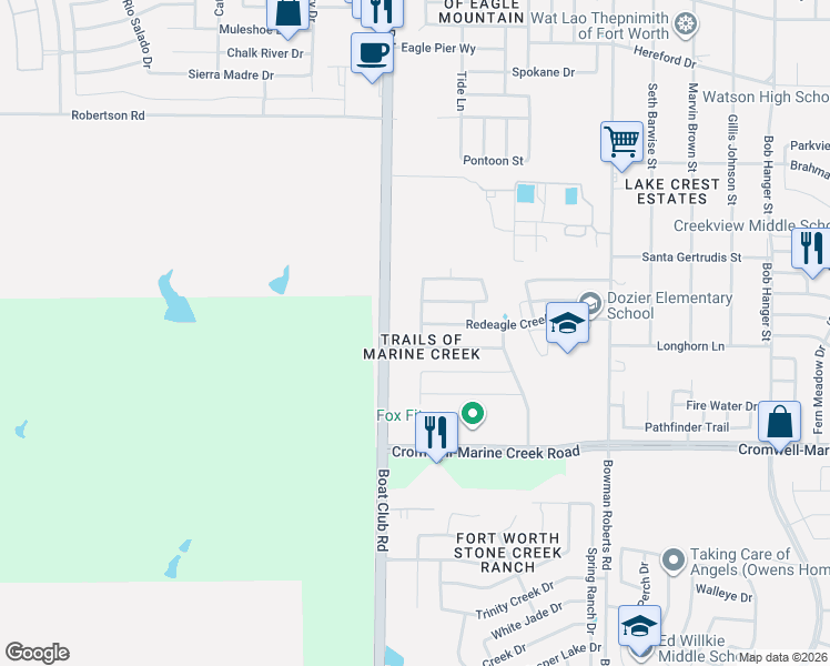 map of restaurants, bars, coffee shops, grocery stores, and more near 6709 Coolwater Trail in Fort Worth