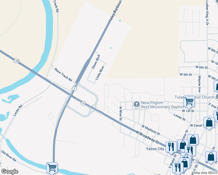 map of restaurants, bars, coffee shops, grocery stores, and more near Magnolia Drive in Yazoo City