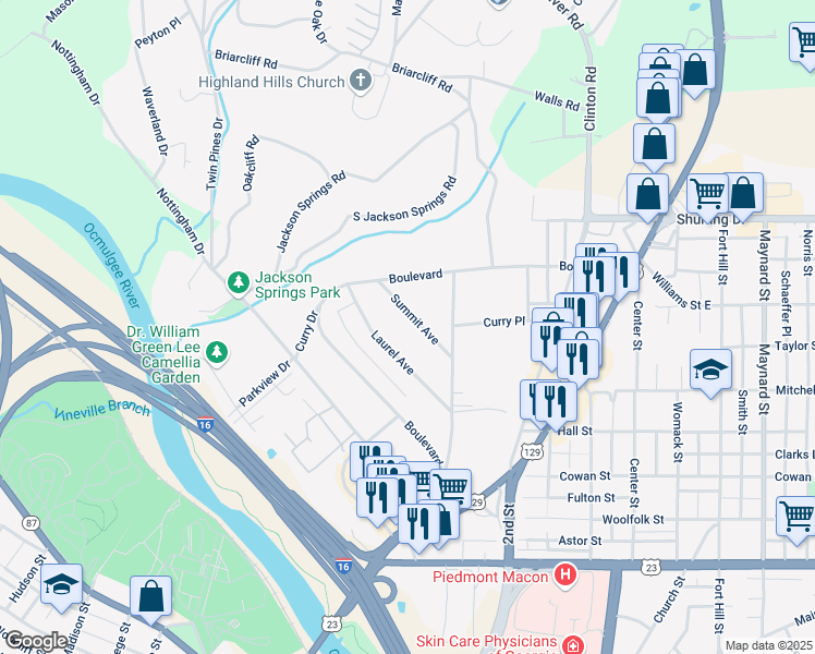 map of restaurants, bars, coffee shops, grocery stores, and more near 952 Summit Ave in Macon