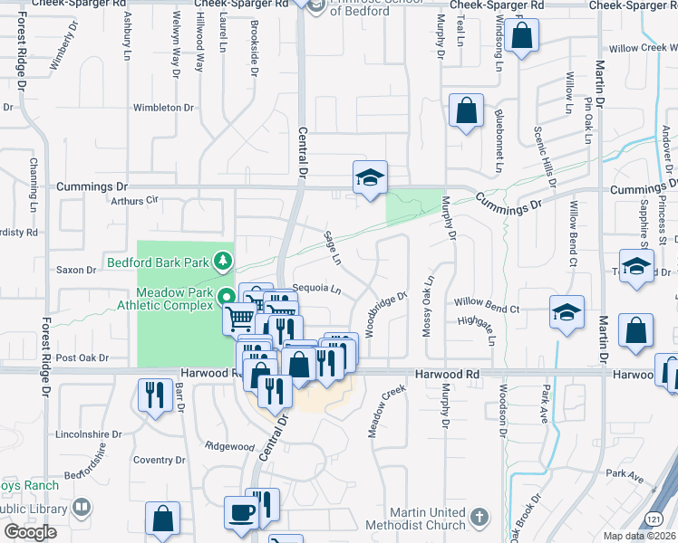 map of restaurants, bars, coffee shops, grocery stores, and more near 2208 Sage Lane in Bedford