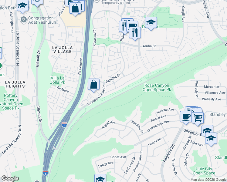 map of restaurants, bars, coffee shops, grocery stores, and more near 3975 Caminito Cassis in San Diego