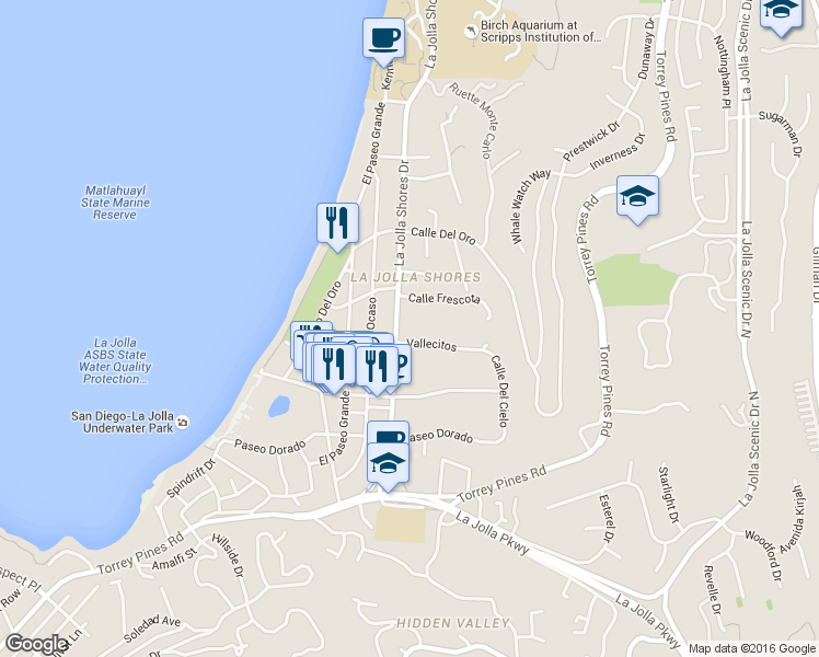 map of restaurants, bars, coffee shops, grocery stores, and more near 8217 La Jolla Shores Drive in San Diego